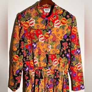 Vintage Leslie Fay Floral Accordion Pleat Puff Sleeve Maxi Dress